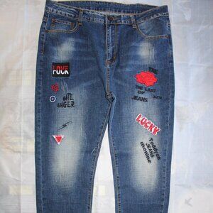 Blue Jeans Mens Size 36x29 Embroidered Rose & Words